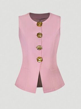 Pink French Style Sleeveless Blazer Vest – Gold Button Elegant Top